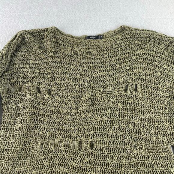 Millau olive green open knit distressed pull over sweater size Small 100% Cotton - Picture 2 of 10